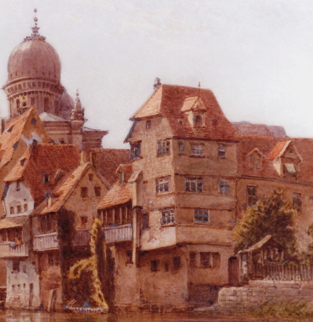 Pegnitzpartie an der Insel Schütt mit Synagoge Detailansicht
