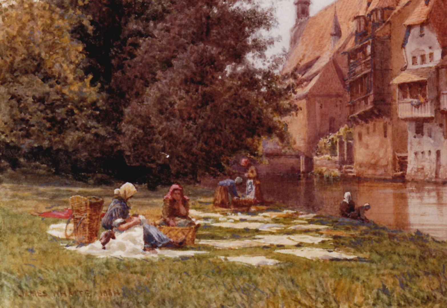 Pegnitzpartie an der Insel Schütt mit Synagoge Detailansicht mit Wäscherinnen