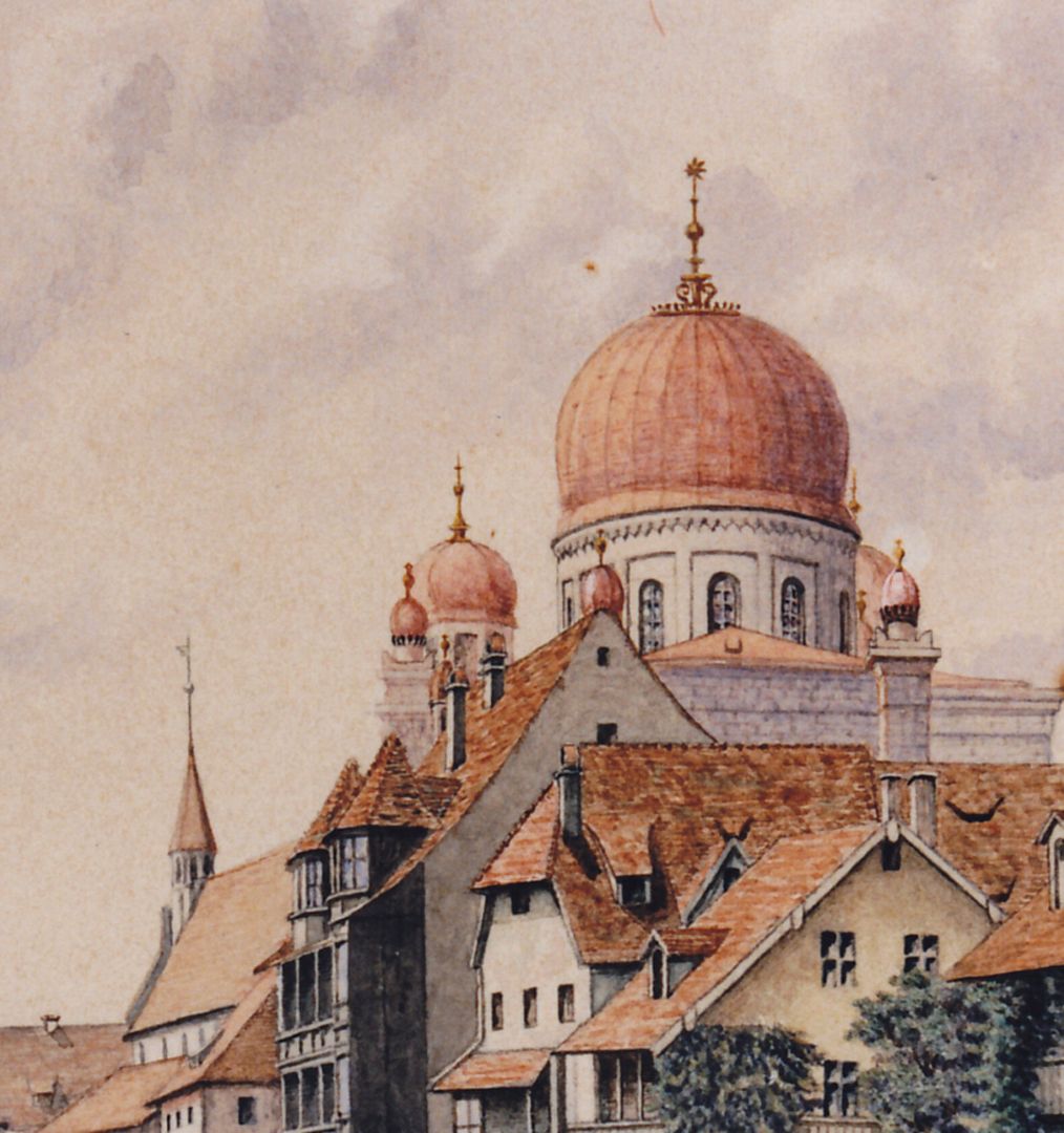 Pegnitzpartie an der Insel Schütt mit Synagoge Detailansicht mit Synagoge