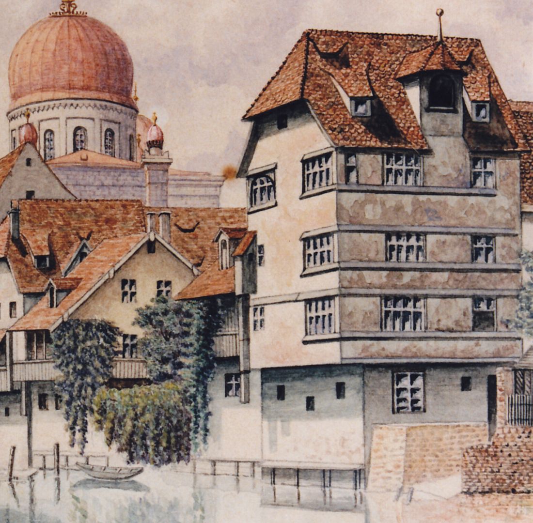Pegnitzpartie an der Insel Schütt mit Synagoge Detailansicht