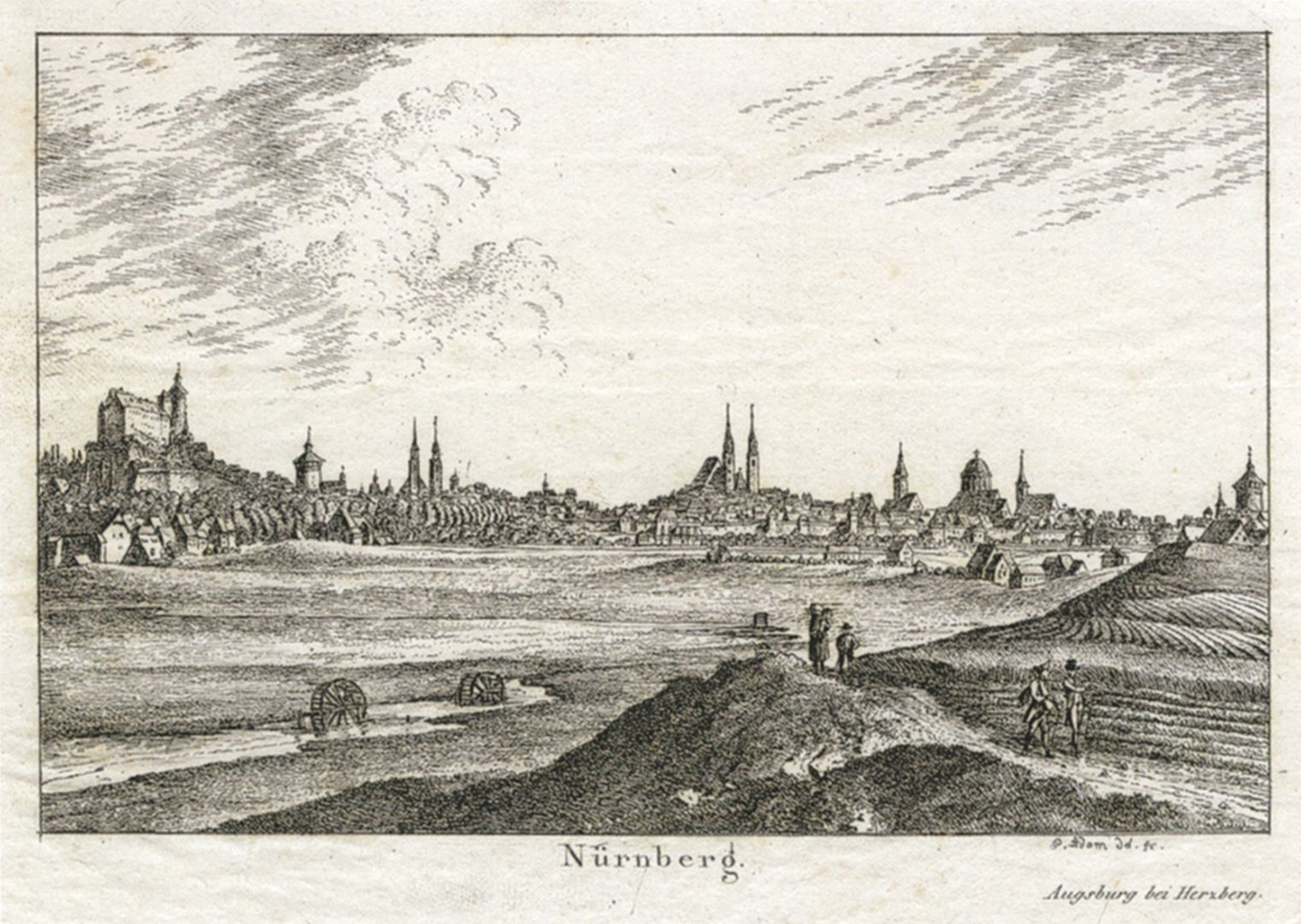 Tasse mit Nürnberg-Ansicht von Südwesten (Blick von der Deutschherrenwiese) Vorlage von Georg Adam (1785–1823): Nürnberg-Ansicht von Südwesten (Blick von der Deutschherrenwiese), Radierung um 1820.