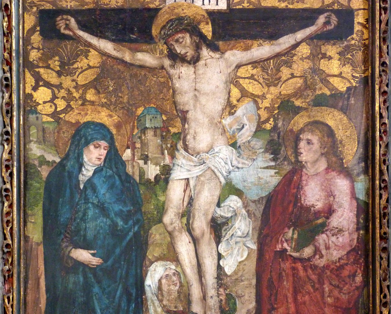 Epitaph der Margarethe von Obernitz, geborene Tetzel Kreuzigung mit Maria, Johannes und Maria Magdalena, Detailansicht