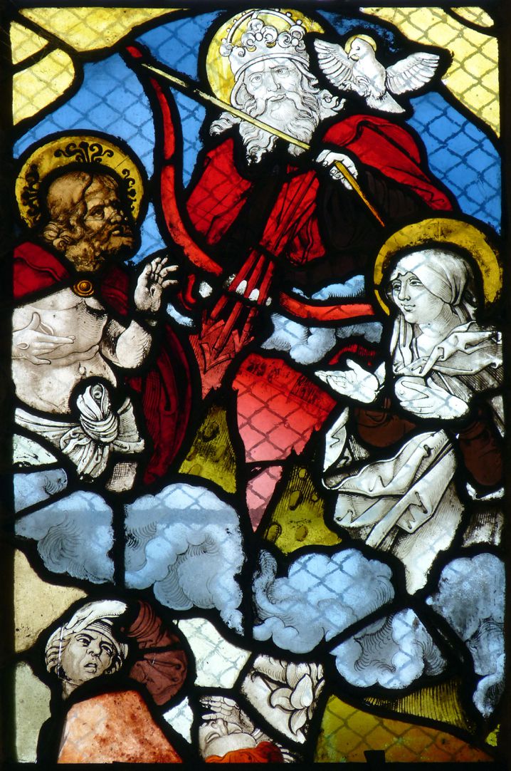 Chorfenster in der Tetzelkapelle Fenster 2 a, "Rechtfertigungsbild", Maria als Fürbitterin der Menschheit und Christus mäßigt Gottes Zorn
