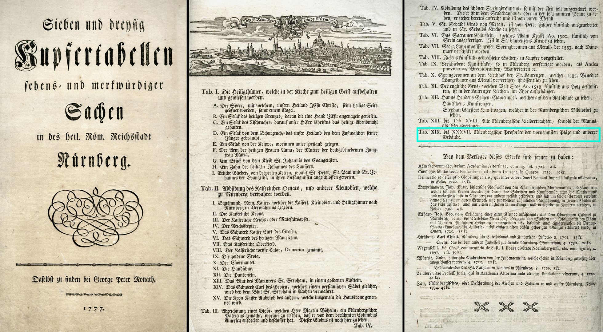 Nürnbergische Prospecte beÿ Peter Conrad Monath / Der Mehl Marck Buchtitel (1777) / Tab. XIX - XXXVII