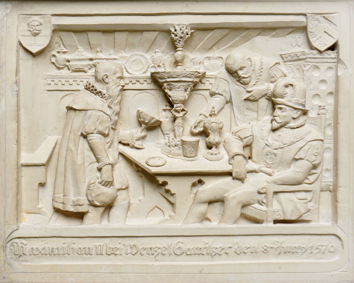 Kaiser Maximilian II. in Wenzel Jamnitzers Goldschmiedewerkstatt Jamnitzer zeigt Maximilian II. verschiedene Objekte seiner Kunst. Auf dem Tisch in der Mitte der "Merkel'schen Tafelaufsatz" von 1549, der sich zur Zeit des kaiserlichen Besuchs allerdings schon im Nürnberger Rathaus befand