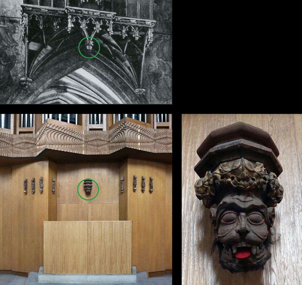 Traxdorfer Orgel Der "Roraffe", Foto links oben historische Position an der alten Orgel, Foto links unten Position an der neuen Orgel
