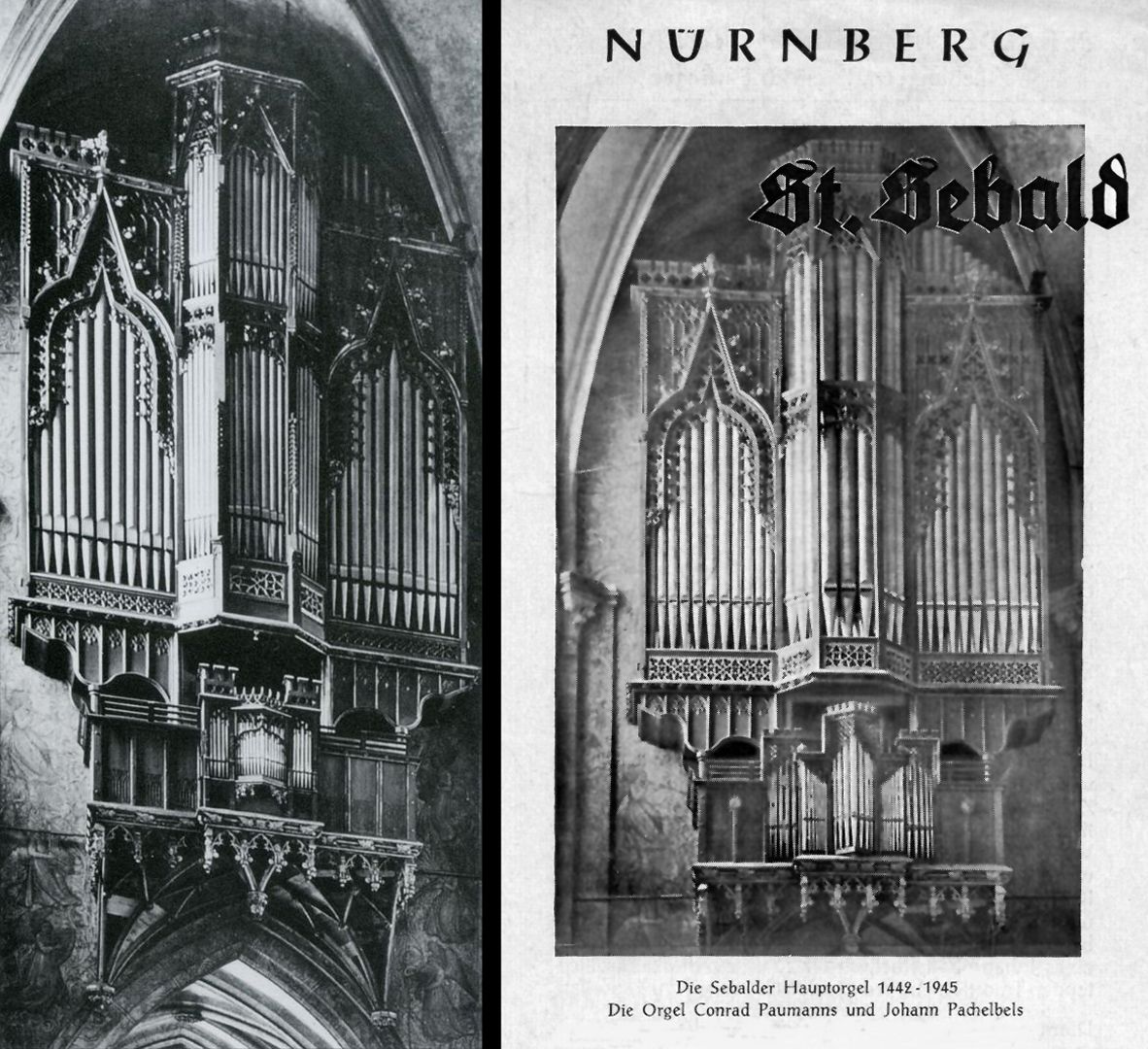 Traxdorfer Orgel Bildvergleich: Zustand vor und nach dem Umbau durch die Orgelbaufirma Steinmeyer 1937 (Für diesen wichtigen Hinweis ist Heinz Joachim Neubauer zu danken) (Fotoquelle Bild rechts: Faltblatt über die Sebalder Abendmusiken von 1959)