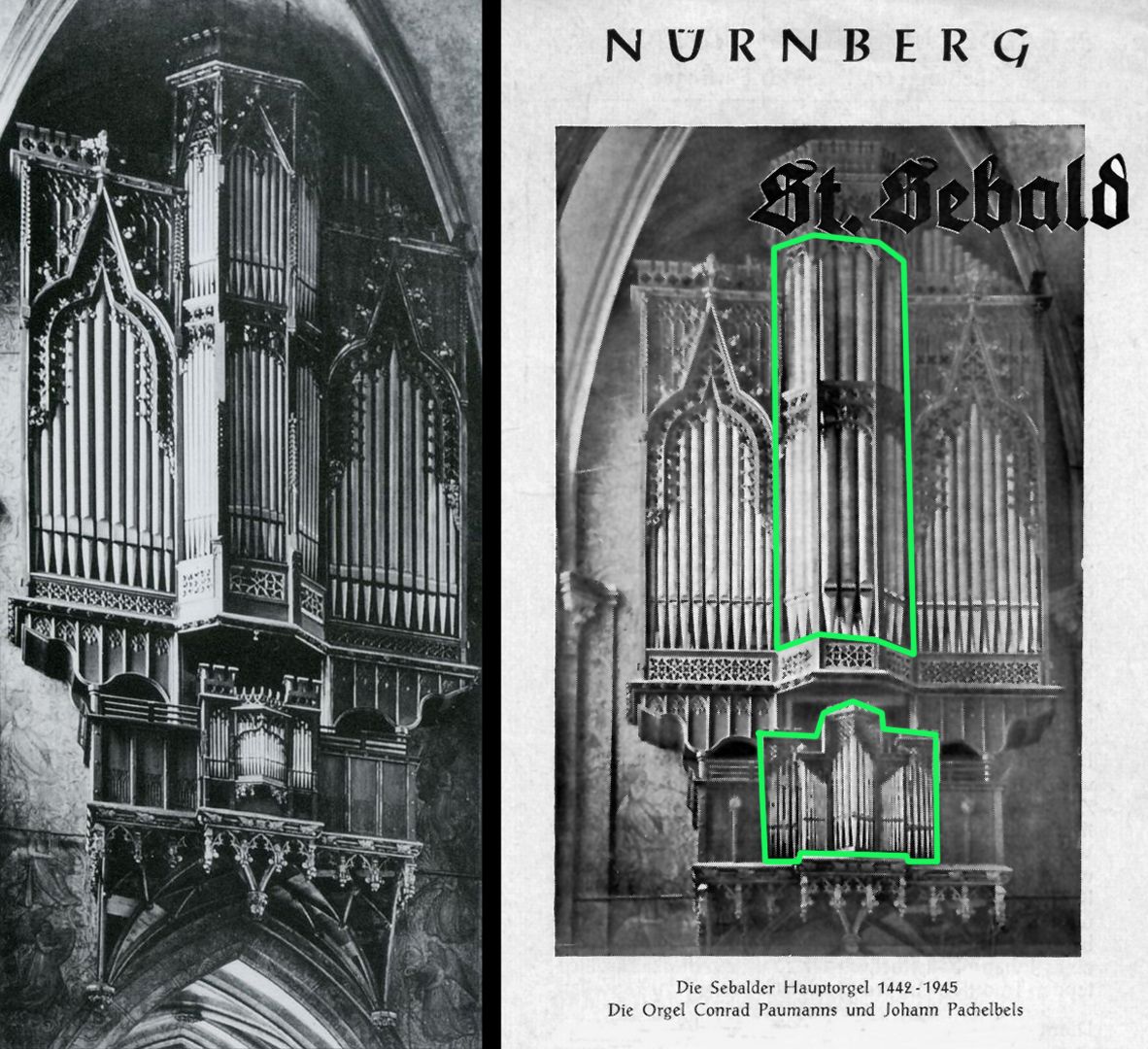 Traxdorfer Orgel Bildvergleich: Zustand vor und nach dem Umbau durch die Orgelbaufirma Steinmeyer 1937 (Für diesen wichtigen Hinweis ist Heinz Joachim Neubauer zu danken) (Fotoquelle Bild rechts: Faltblatt über die Sebalder Abendmusiken von 1959)