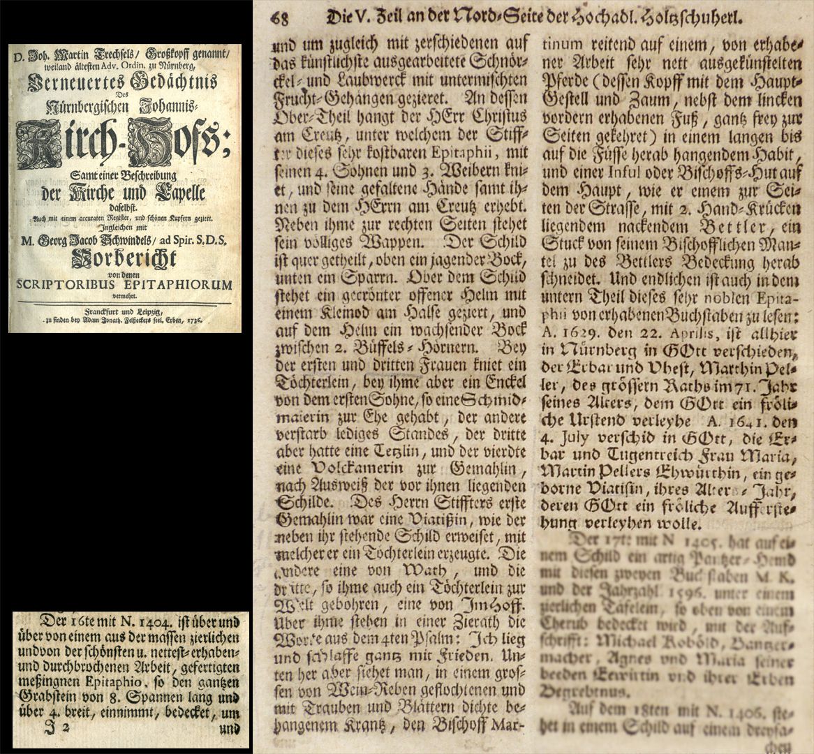 Epitaph des Martin Peller (gest. 1629) und Ehefrau Maria Viatis (gest. 1641) Auszug aus Joh. Martin Trechsels, Großkopf genannt: "Verneuertes Gedächtnis des nürnbergischen Johannis Kirch Hof ..." , Franckf. & Leipzig 1735