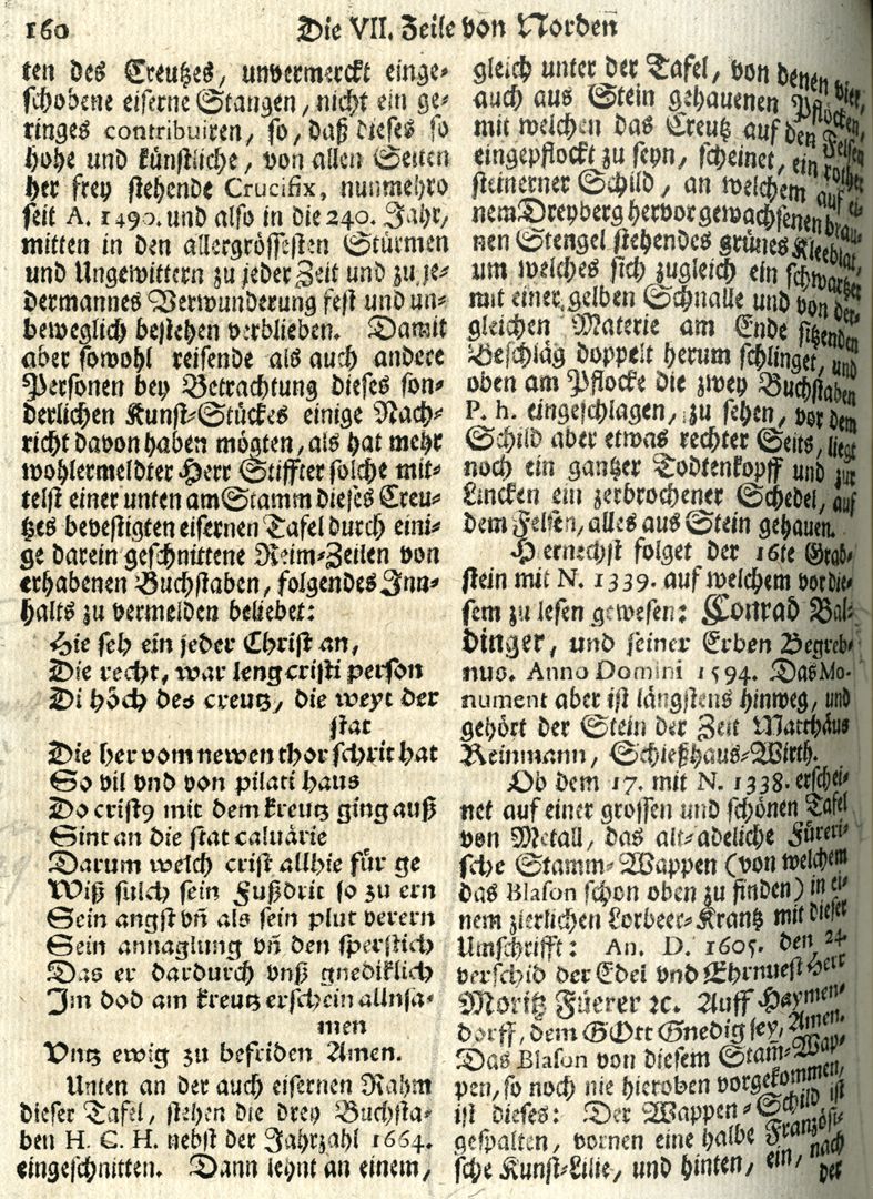 Die von Peter Hurrer gestiftete Kreuzigungsgruppe bei St. Johannis Seite 160 aus Johann Martin Trechsel, Großkopff genannt Verneuertes Gedächtnis des Nürnbergischen Johannis-Kirch-Hofs, 1735 mit Beschreibung des Kreuzes.