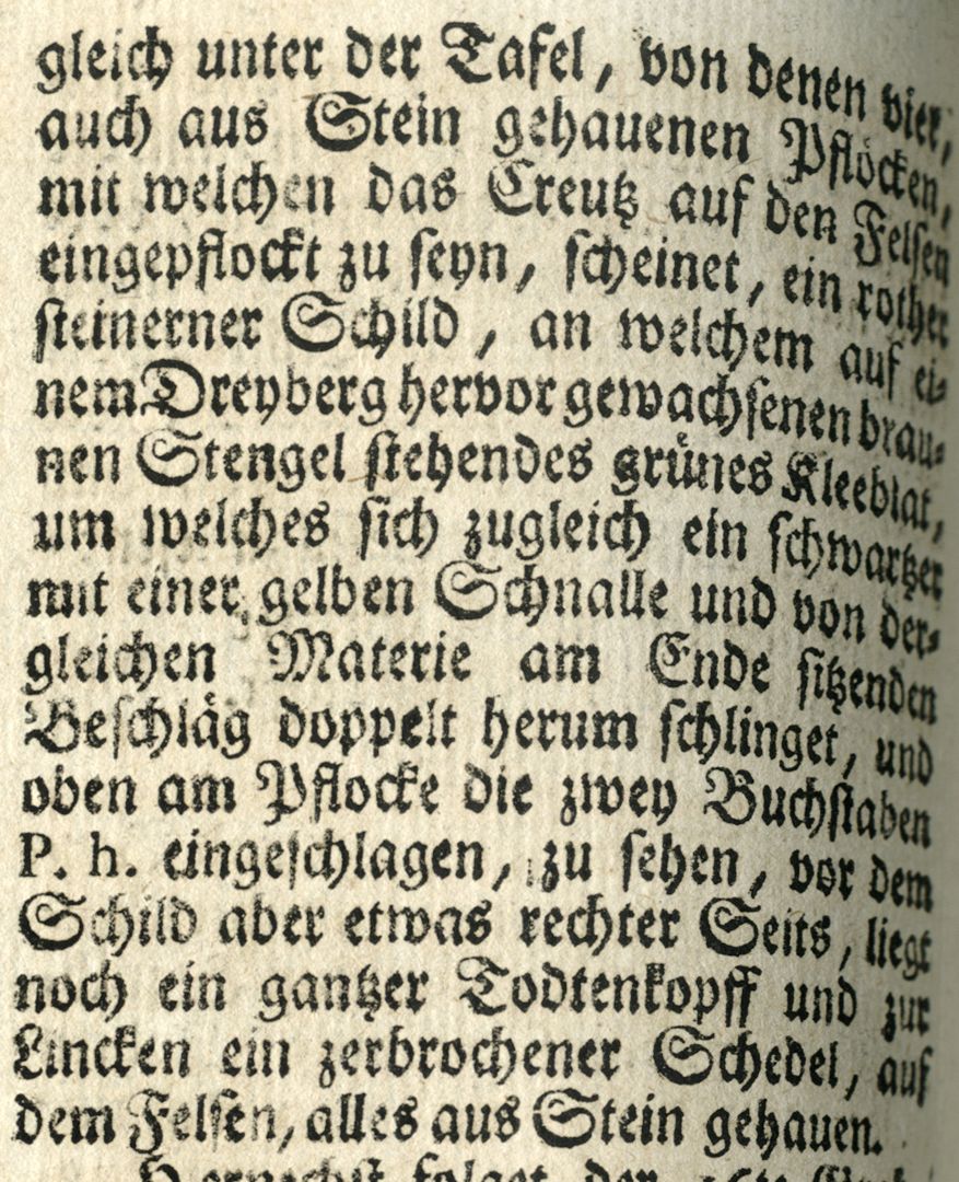 Die von Peter Hurrer gestiftete Kreuzigungsgruppe bei St. Johannis Seite 160 aus Johann Martin Trechsel, Großkopff genannt, Verneuertes Gedächtnis des Nürnbergischen Johannis-Kirch-Hofs, 1735, Detail mit Nennung der Initialen P.h. für den Stifter Peter Hurrer