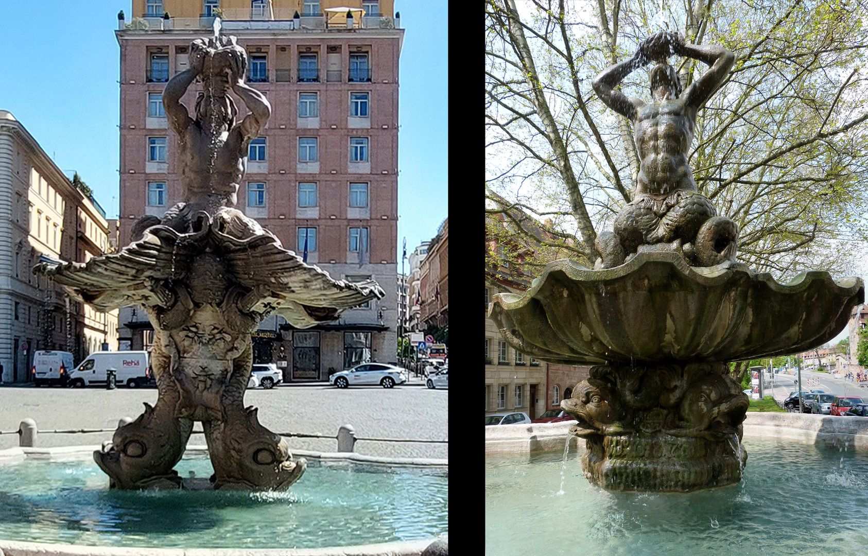 Tritonbrunnen Fontana del Tritone von 1643 in Rom / Tritonbrunnen von Nürnberg 1687
