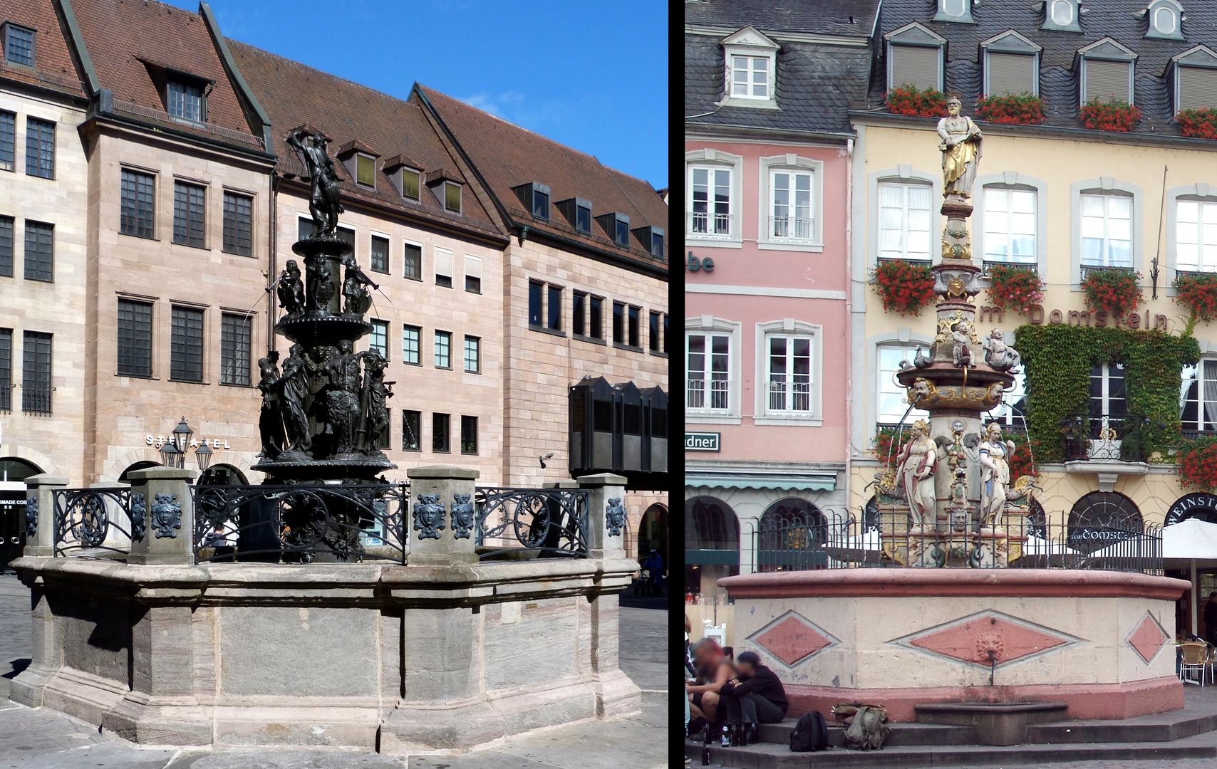 Tugendbrunnen Bildvergleich mit dem Marktbrunnen (1595) in Trier, ausgeführt von Hans Ruprecht Hoffmann nach dem Vorbild des Tugendbrunnens