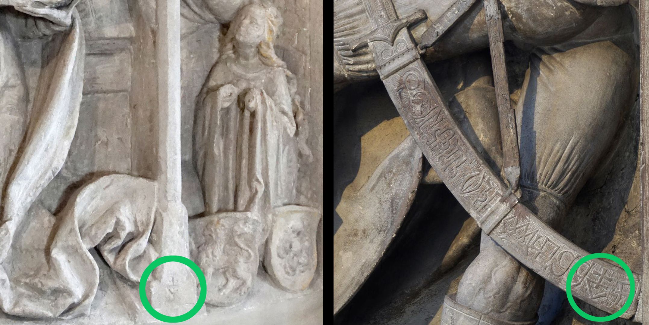 Verkündigungsrelief vom Epitaph der Margaretha von Wildenfels Meisterzeichen von Veit Stoss: links in Langenzenn, rechts an Volckamerschen Gedächtnisstiftung von 1499 im Hallenchor der Sebalduskirche in Nürnberg