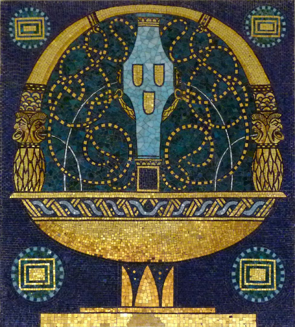 ehem. Bayerische Landesgewerbeanstalt (Gewerbemuseum) Brunnen mit Malerschild, Mosaik von Julius Diez für die Landesausstellung 1906 in Nürnberg