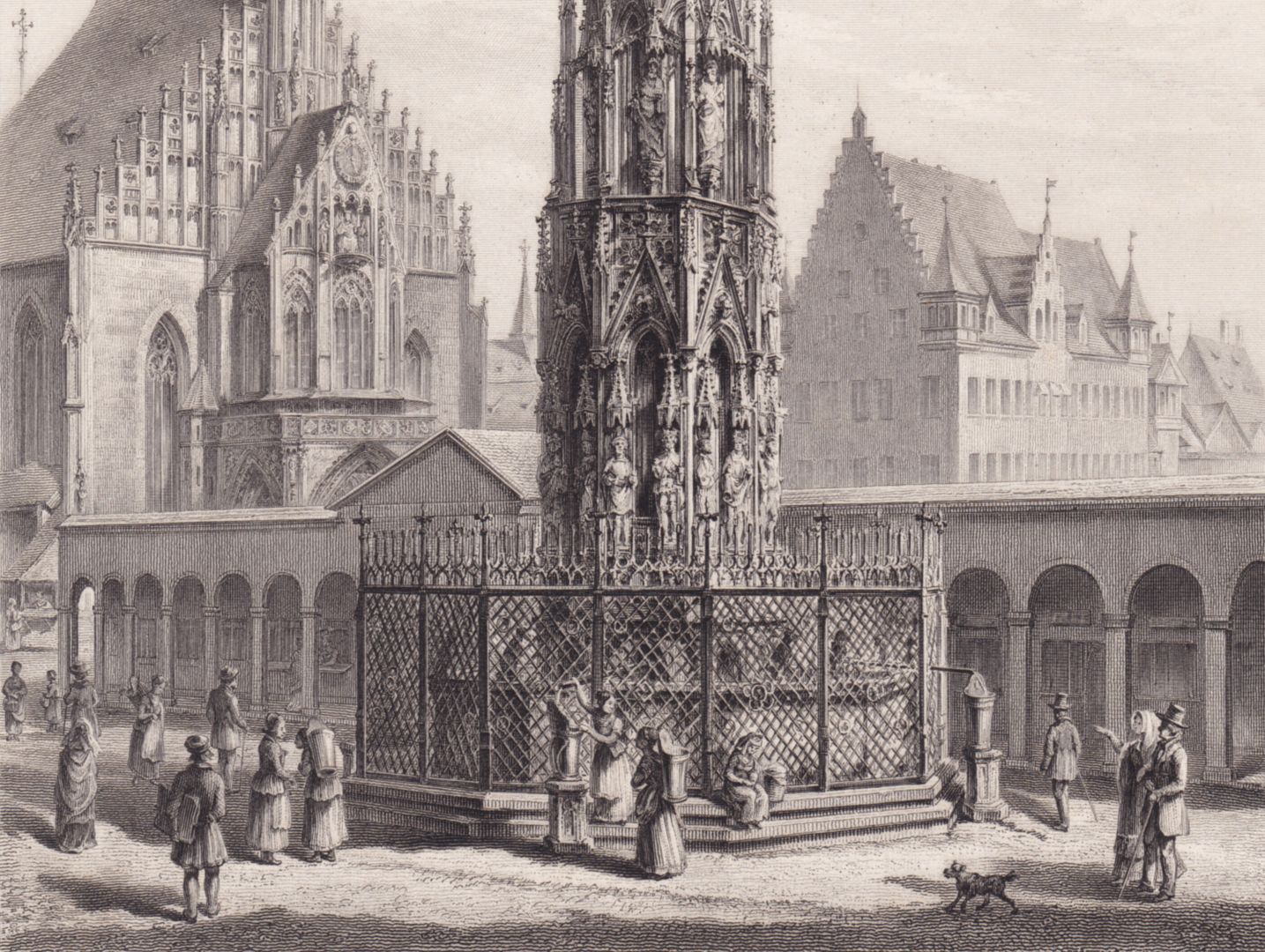 Der Schöne Brunnen Detailansicht mit Brunnenbasis und Kolonnaden (1809-1895)