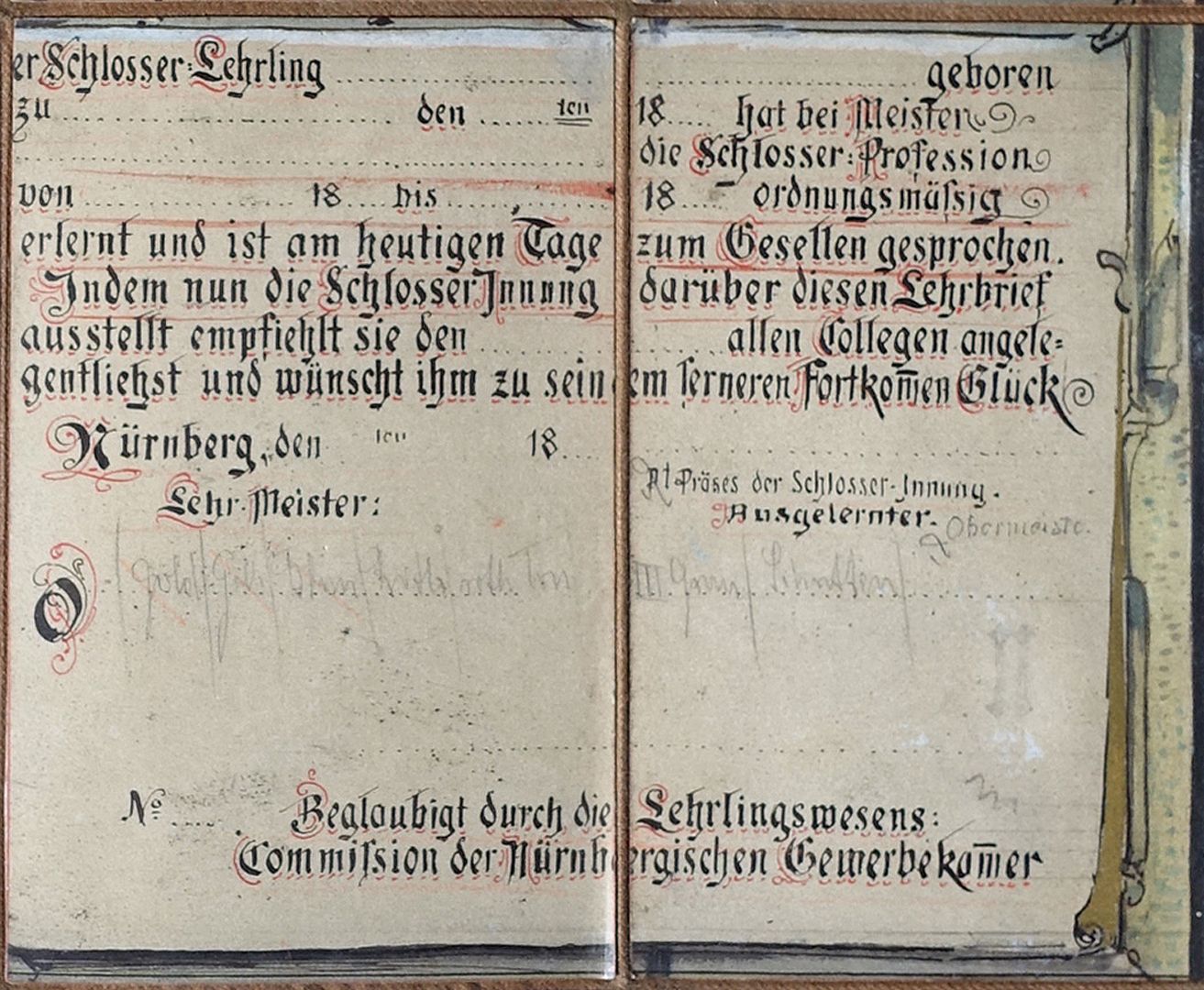 Entwurf für einen Lehrbrief der Schlosser-Innung mittleres Bilddrittel, beide rechten Felder, mit Textefeld für individuelle Eintragung