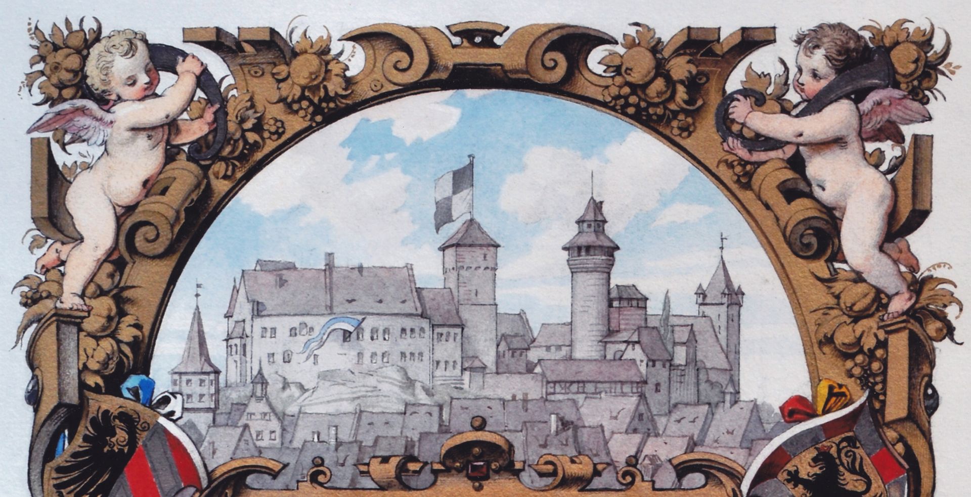 Titelblatt eines Prachteinbandes oberes Blattdrittel mit Burgsilhouette
