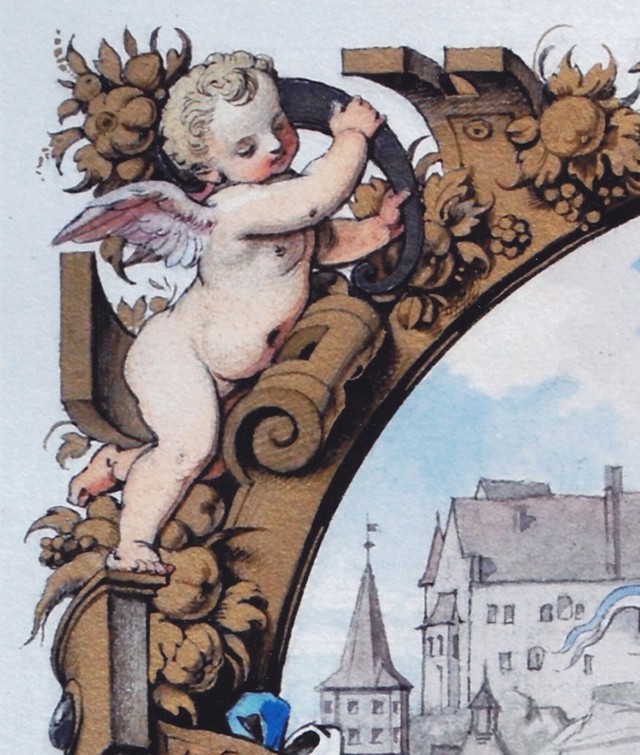 Titelblatt eines Prachteinbandes linke obere Ecke mit Putto