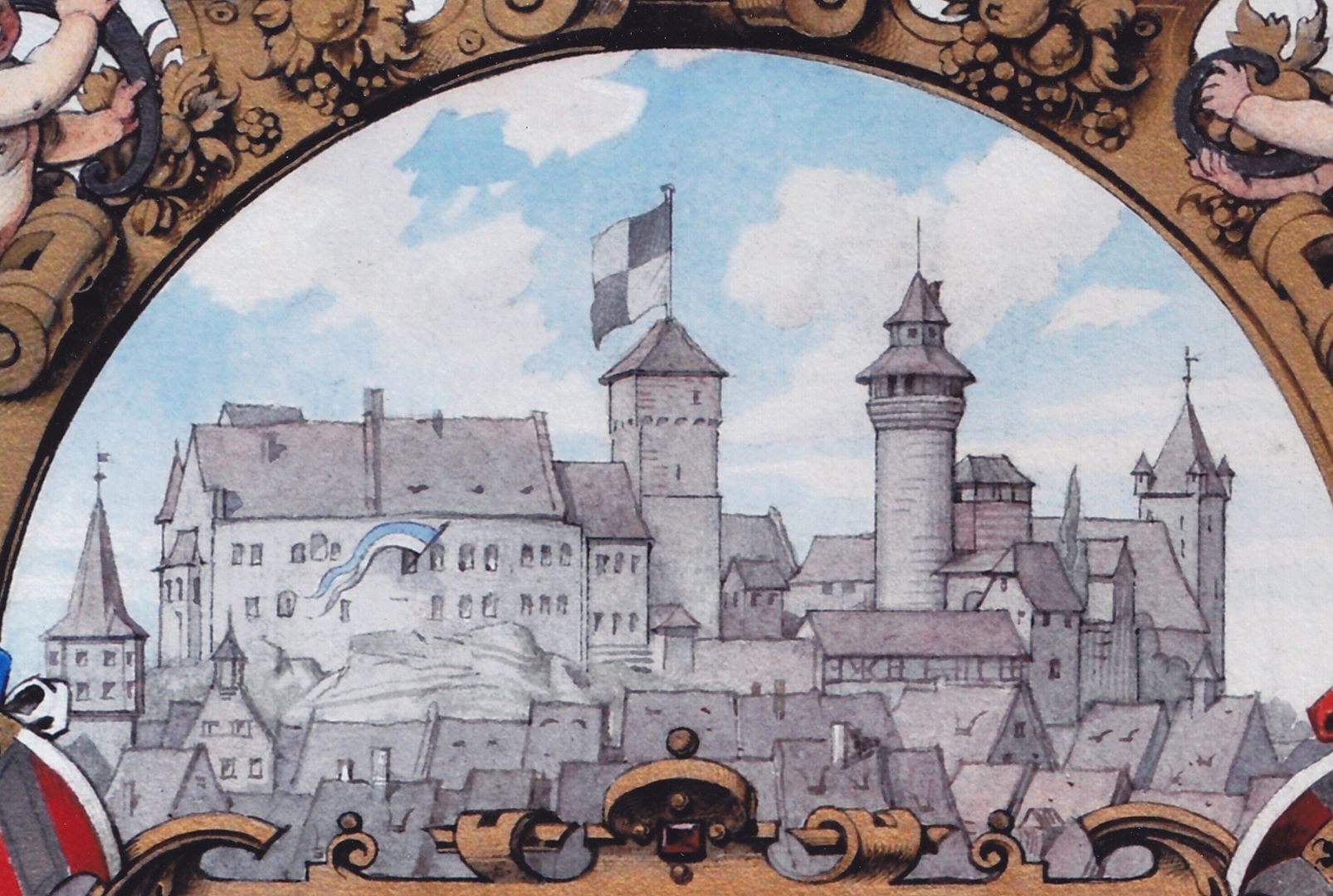 Titelblatt eines Prachteinbandes Nürnberger Burgsilhouette. Auf dem Heidenturm Fahne mit Hohenzollernwappen, im Fenster des Palas weiß-blaue Fahne für das Königreich Bayern