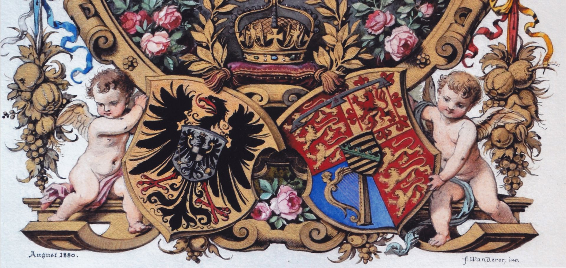 Titelblatt eines Prachteinbandes links Wappenschild mit dem preußischen Reichsadler / rechts Wappenschild der Victoria von Großbritannien (älteste Tochter von Queen Victoria)
