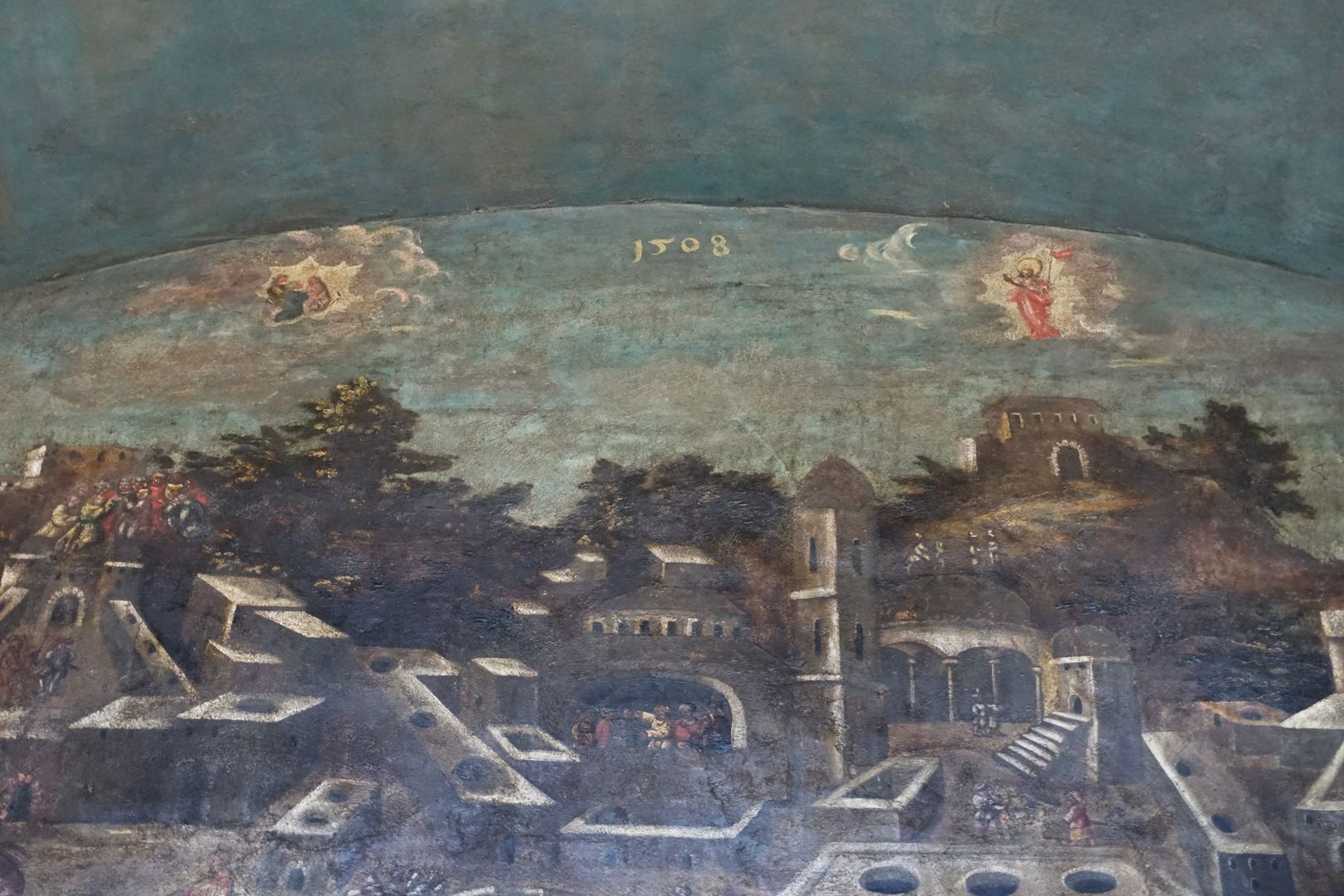 Wandmalerei der Grablegung obere Partie des Hauptfeldes mit Jahesangabe 1508