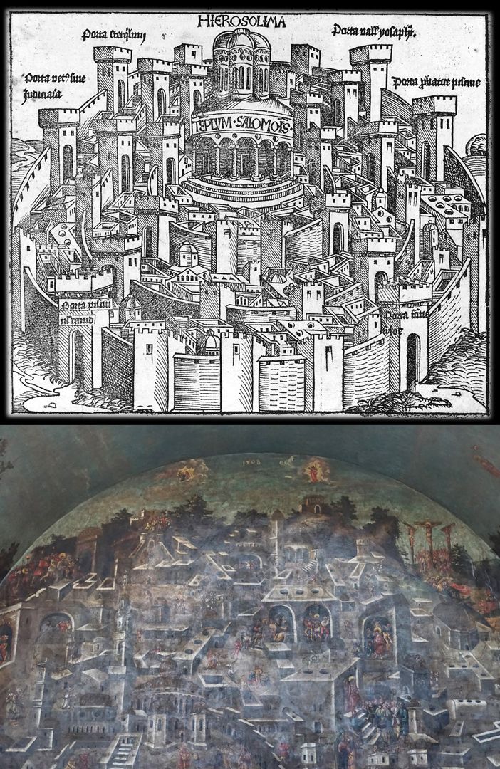 Wandmalerei der Grablegung Bildvergleich: oben aus der Schedelschen Weltchronik (1493), Jerusalem