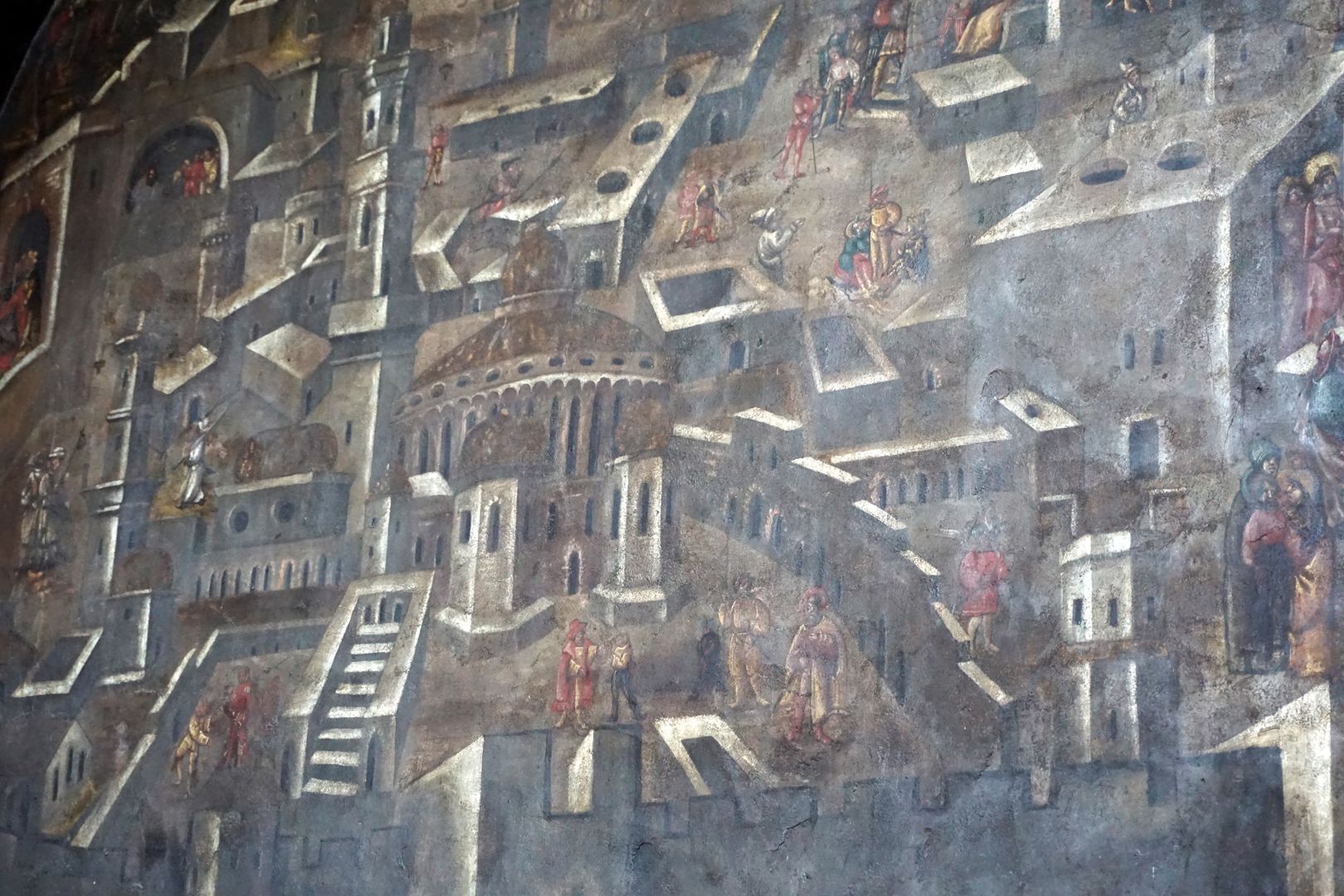 Wandmalerei der Grablegung Hauptfeld der Wandnische mit der Darstellung des Tempel Salomons nach Vorlagen aus der Schedelschen Weltchronik von 1493