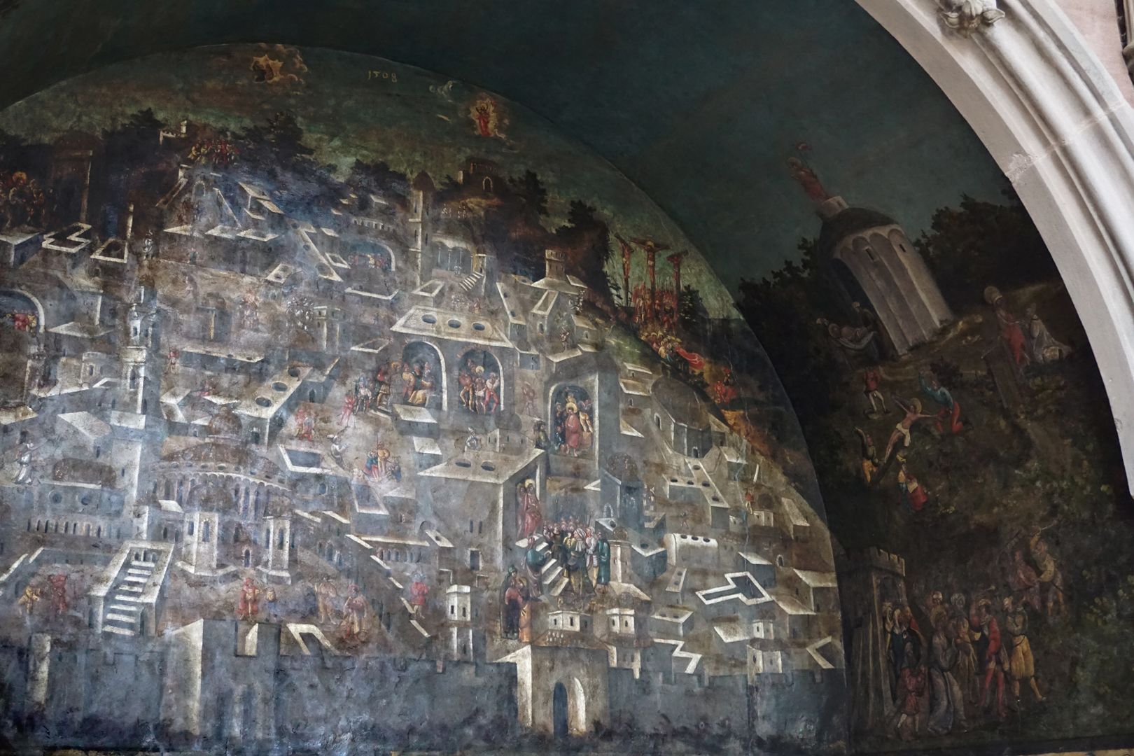 Wandmalerei der Grablegung rechte Wandpartie der Nische mit Szenen aus der Leidensgeschichte Christi: Geißelung, Verspottung und Ecce homo