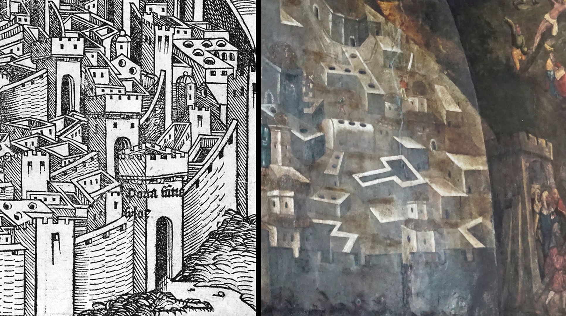 Wandmalerei der Grablegung Bildvergleich: links aus der Schedelschen Weltchronik (1493), Jerusalem (man beachte die runden Beleuchtungsöffnungen in den Häuserdecken)