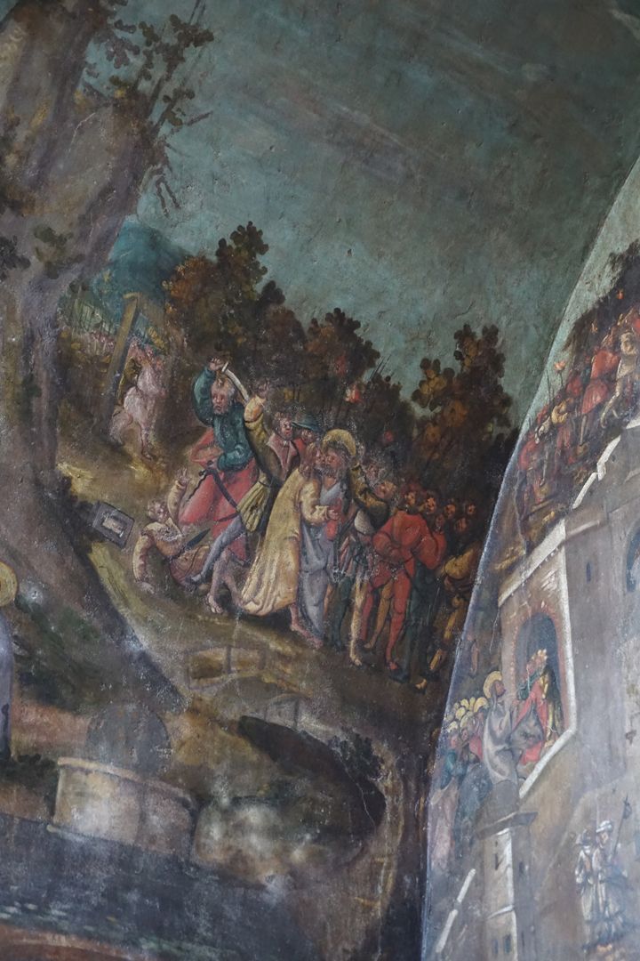 Wandmalerei der Grablegung linke Wandpartie mit Szene am Ölberg, Judaskuss, Petrus schlägt Malchus das rechte Ohr ab