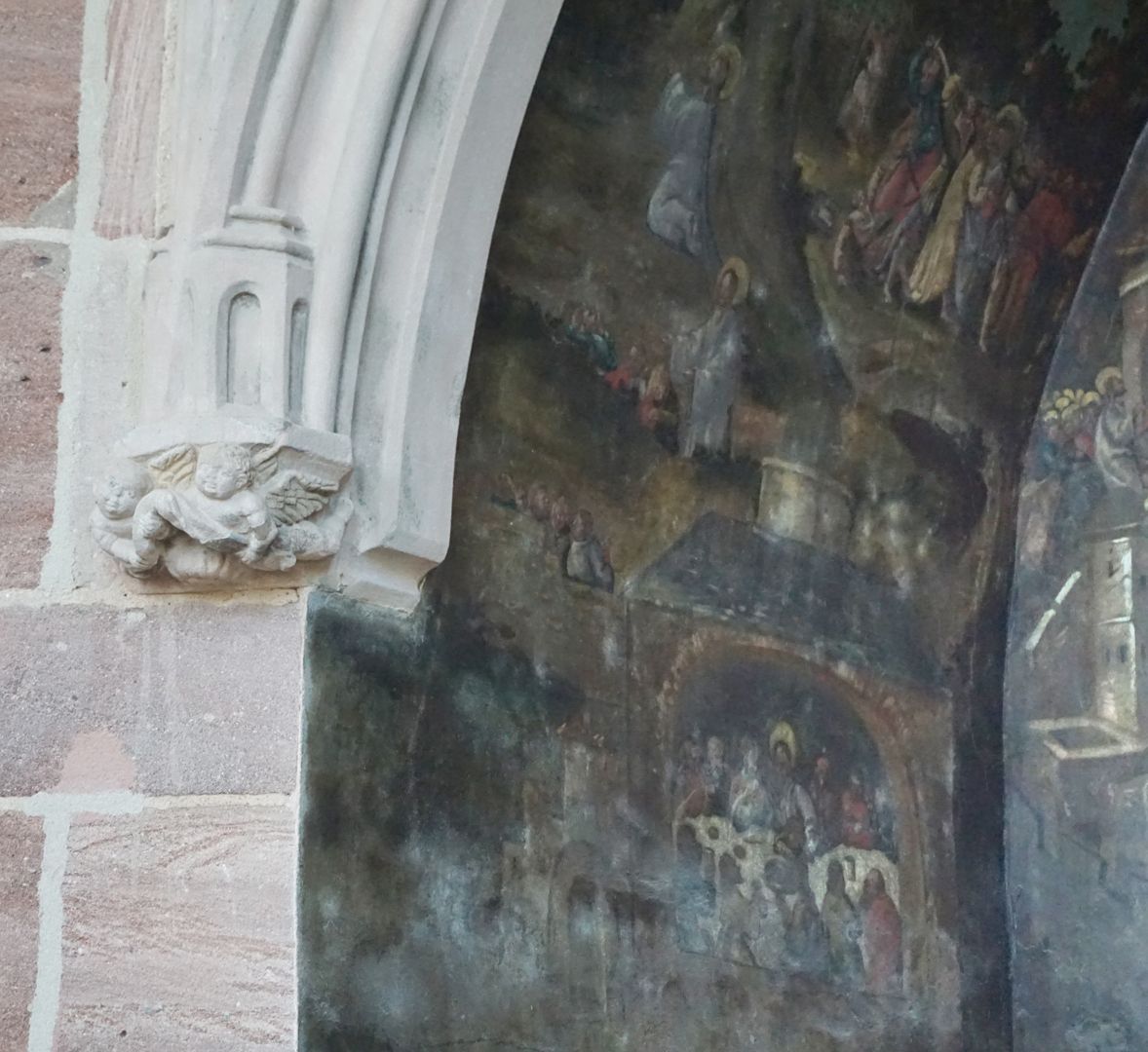 Wandmalerei der Grablegung linke Wandpartie mit Szene am Ölberg, Judaskuss, darunter das letzte Abendmahl