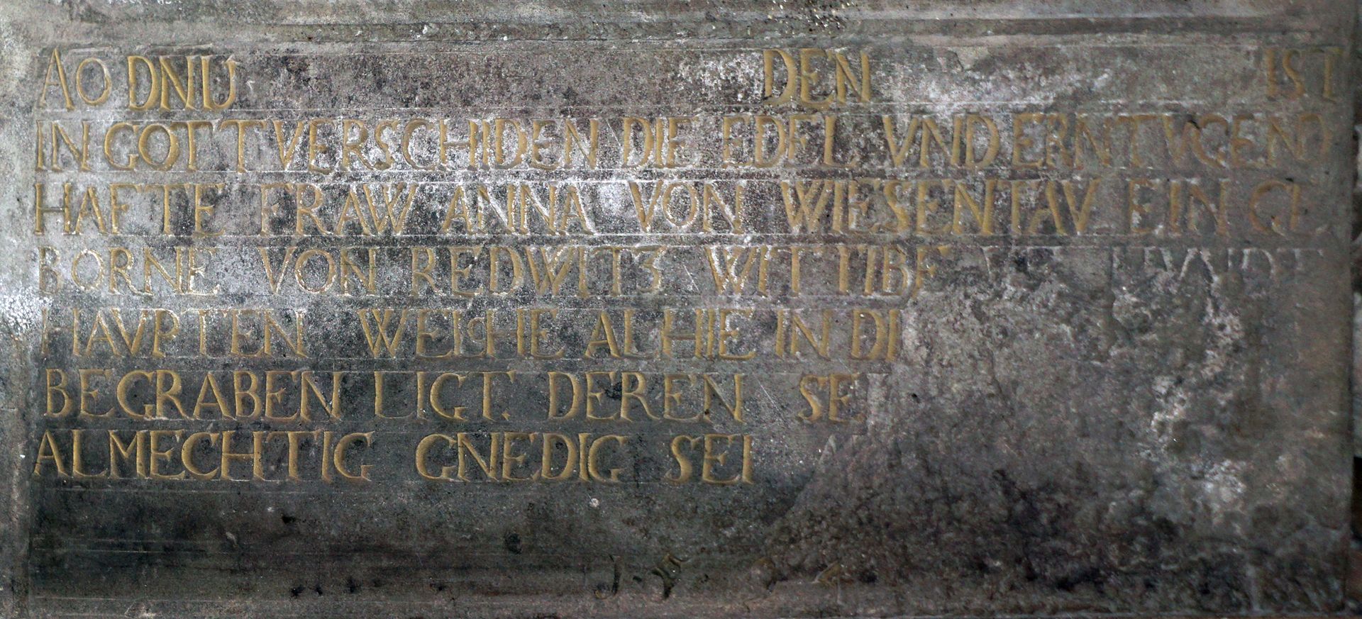 Grabdenkmal des Wilhelm von Wiesenthau und seiner Frau Anna rechte untere Inschrift