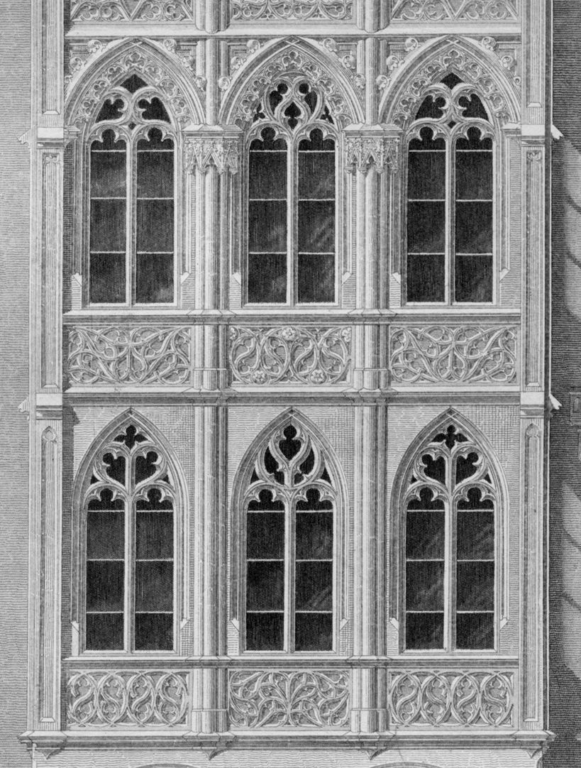 Ornamentik des Mittelalters Wißsches Haus, Nürnberg, ehemals Hauptmarkt 26 (1854), Detail. Das Haus zeigt die Widersprüche Heideloffs. Diese Architektur steht nicht wirklich in der Tradition mittelalterlicher Bürgerhäuser der Stadt, sie vermischt außerdem sakrale und profane Gotik.