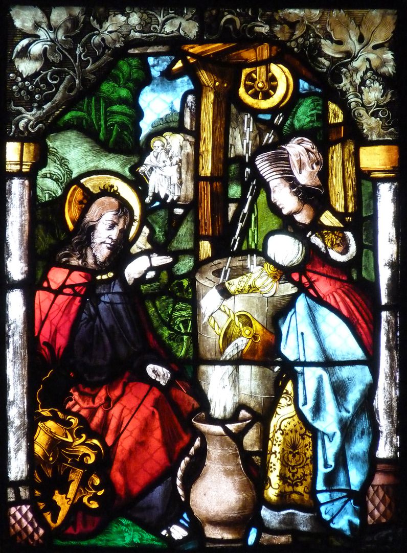 St. Bartholomäus, Chorfenster n II Vierte Zeile, Fenster b, Jesus und die Samariterin am Brunnen