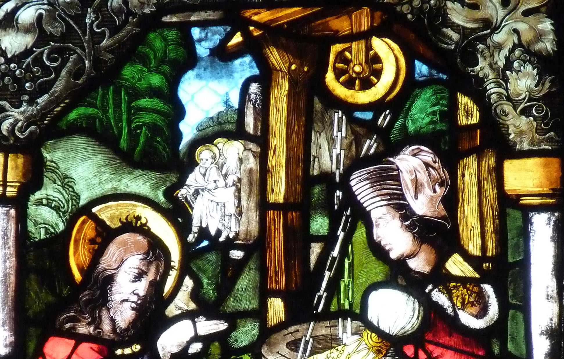 St. Bartholomäus, Chorfenster n II Vierte Zeile, Fenster b, Jesus und die Samariterin am Brunnen, obere Bildhälfte