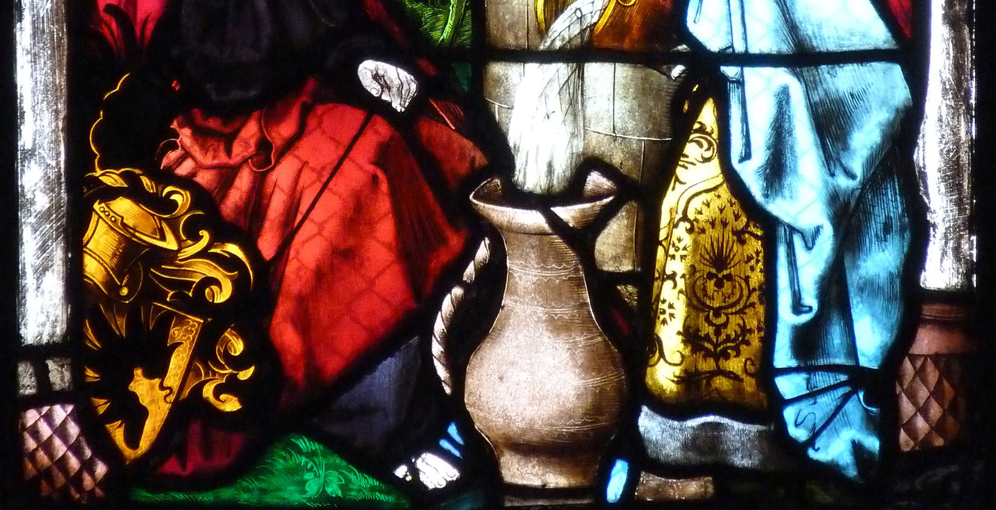 St. Bartholomäus, Chorfenster n II Vierte Zeile, Fenster b, Jesus und die Samariterin am Brunnen, untere Bildhälfte mit Wappen Flück