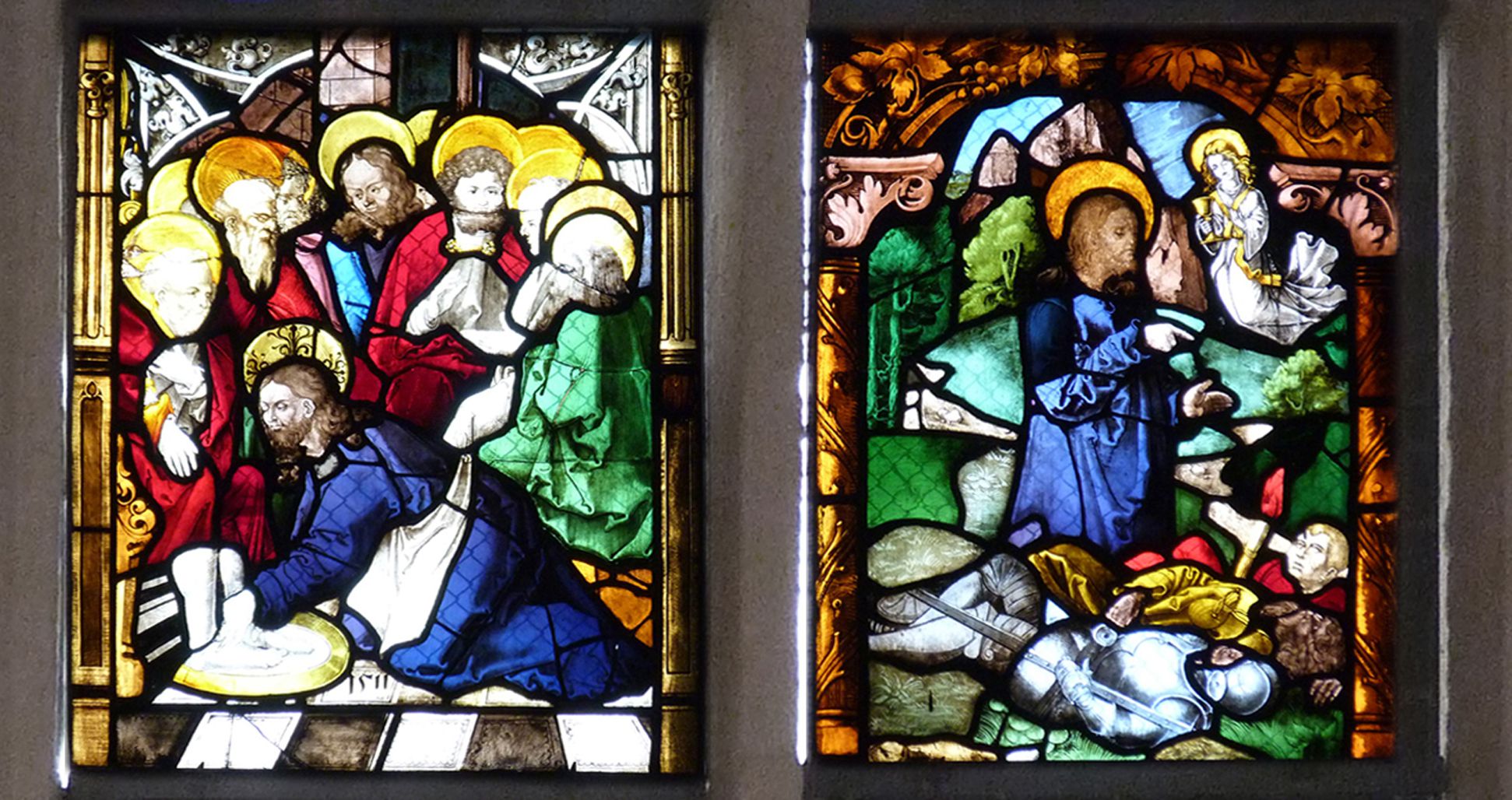 St. Bartholomäus, Chorfenster n II Fünfte Zeile, von links nach rechts: Fußwaschung und Jesus am Ölberg