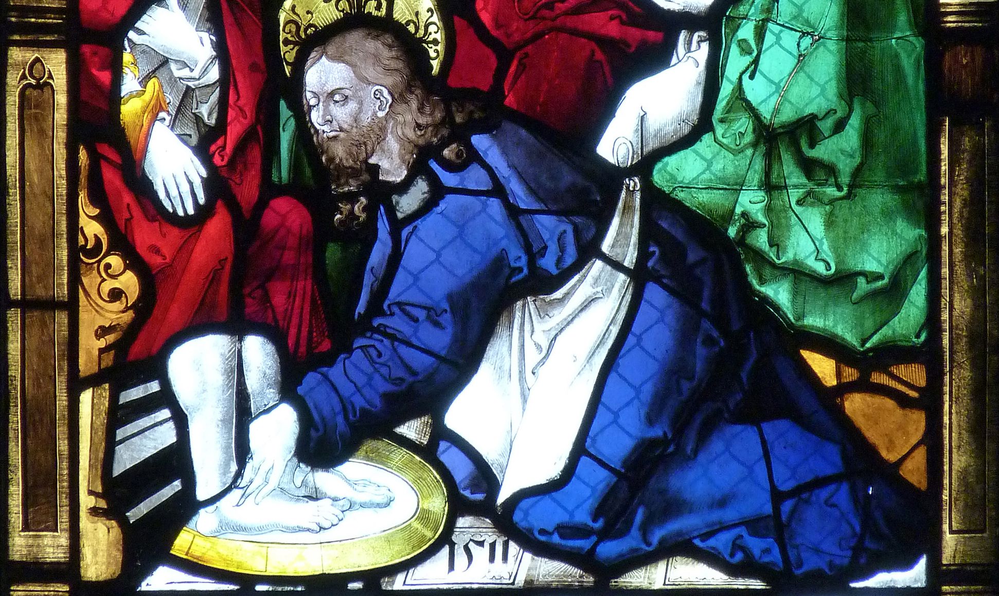 St. Bartholomäus, Chorfenster n II Fünfte Zeile, Fenster a, Fußwaschung, Detail, bez. 1511