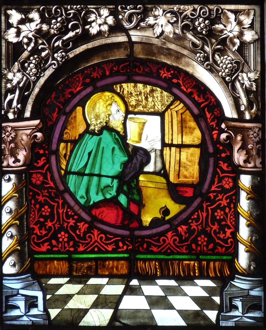 St. Bartholomäus, Chorfenster n II Zweite Zeile, Fenster a, Ev. Johannes (Architekturrahmung von 1886)