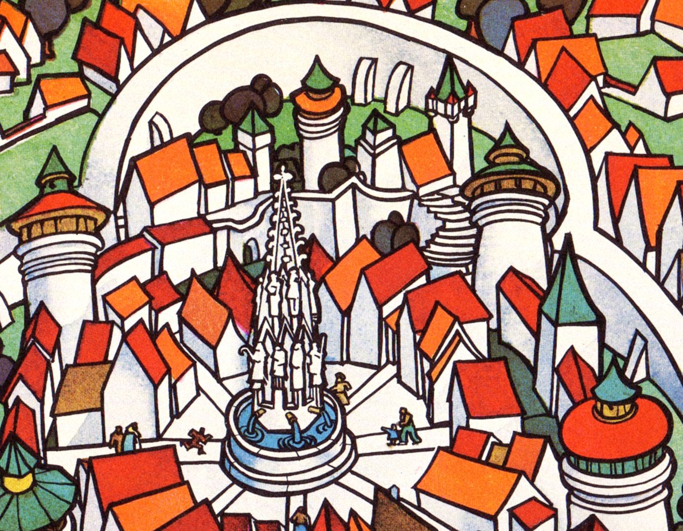 Kunstpostkarte „historisches Nürnberg“ Detail mit Schönem Brunnen, Burg und Stadtmauer von Nürnberg