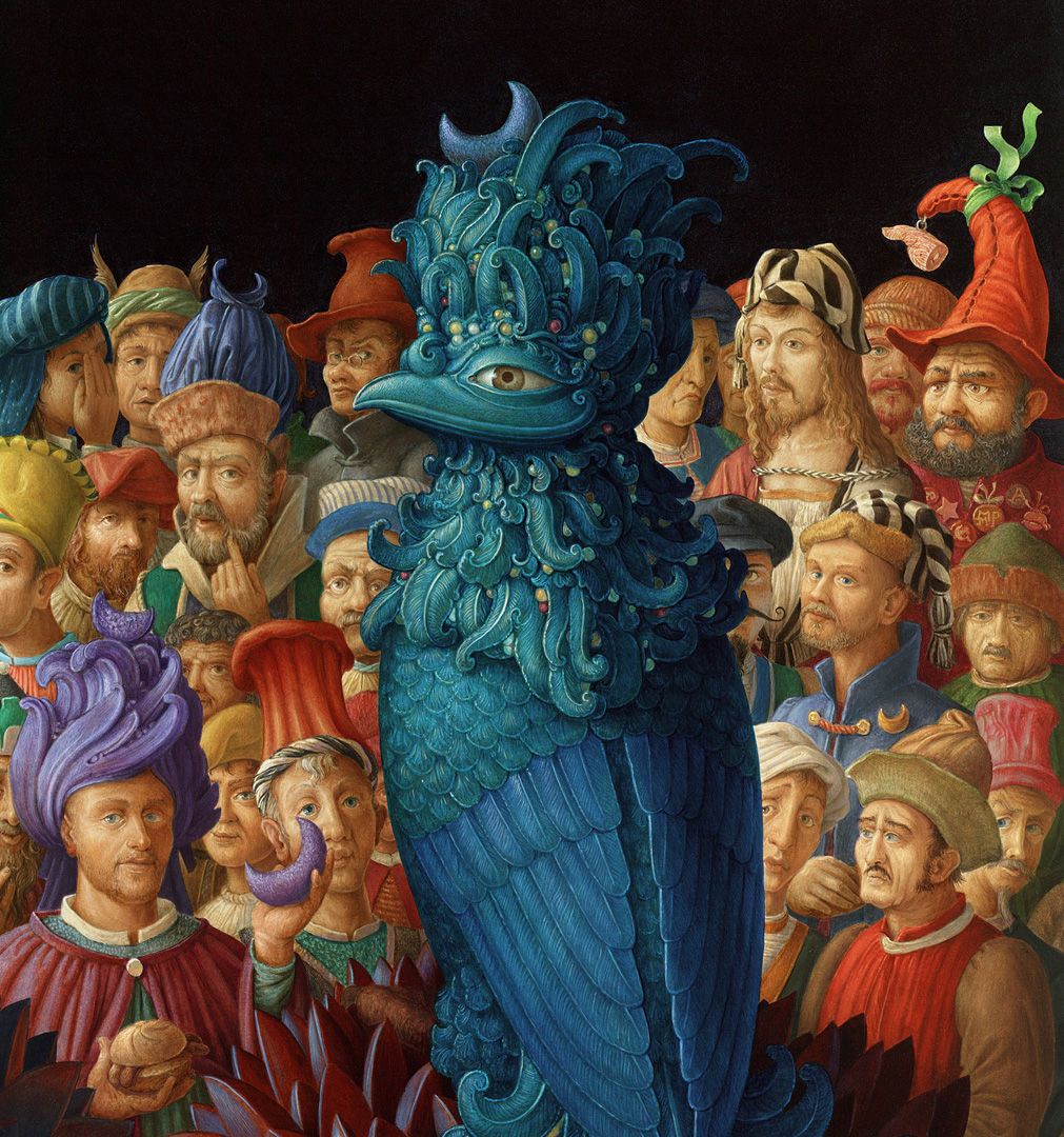 Mondvögel beäugt Detailansicht aus der rechten Bildhälfte / links unten: Wolfgang Harms mit "Zwei im Weckla" / rechts oben: Mathias Prechtl, links von ihm Dürer und unterhalb von ihm Dalí