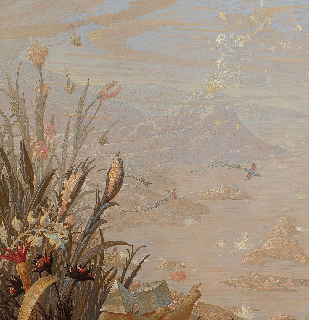 Seeblick Detailansicht mit Blüten speiendem Vulkan