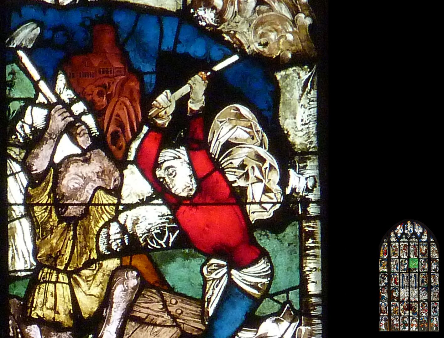Kaiserfenster Helena findet das wahre Kreuz, Detail mit Arbeitern