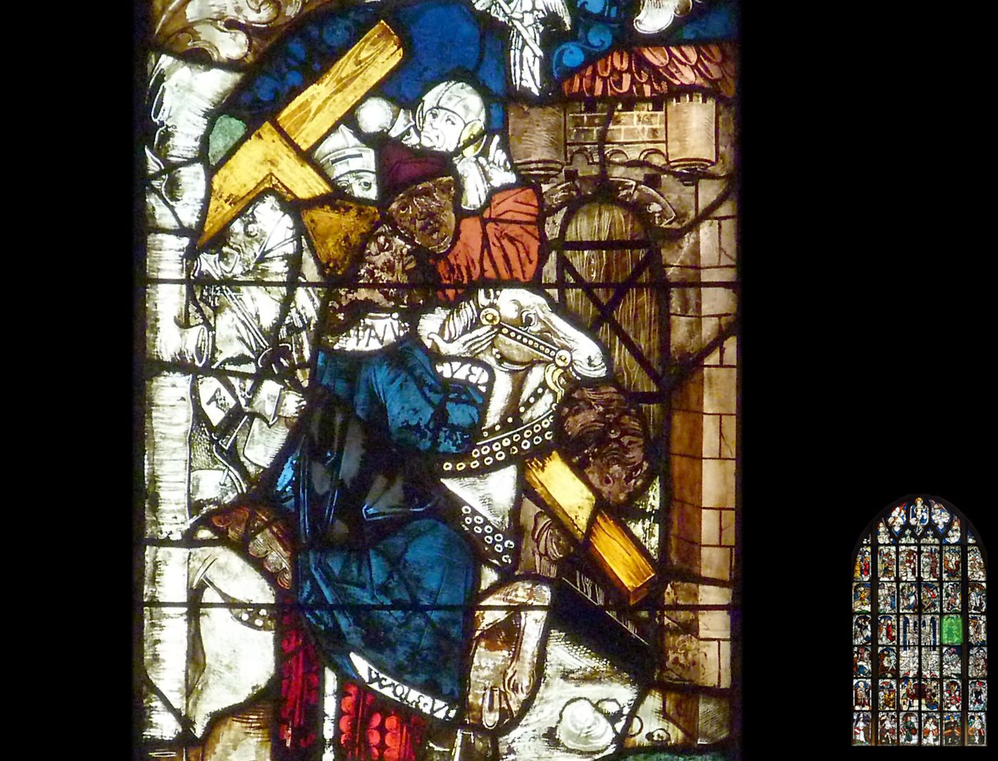 Kaiserfenster Kaiser Heraklius mit dem Kreuz, Detail, Signatur WOLE•UT am Saum des Mantels