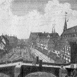 Nürnbergische Prospecte beÿ Peter Conrad Monath / Prospect dreÿer steinerner Brucken über den Fluß Pegnitz