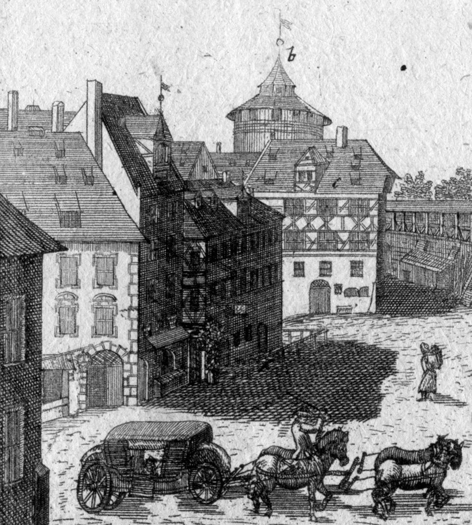 Nürnbergische Prospecte beÿ Peter Conrad Monath / Prospect des Platzes beim Thiergartner Thor in Nürnberg Detailansicht mit Dürerhaus