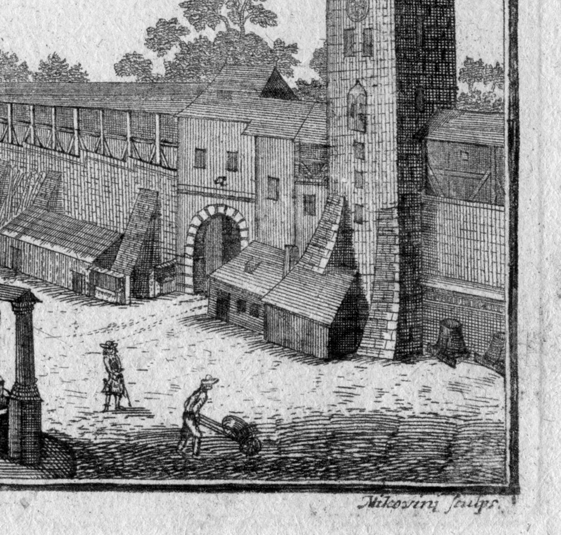 Nürnbergische Prospecte beÿ Peter Conrad Monath / Prospect des Platzes beim Thiergartner Thor in Nürnberg Detailansicht mit Künstlersignatur