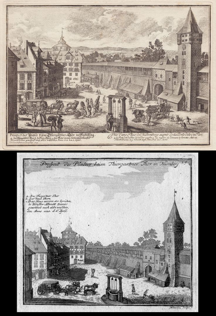 Nürnbergische Prospecte beÿ Peter Conrad Monath / Prospect des Platzes beim Thiergartner Thor in Nürnberg Bildvergleich mit Ansicht nach Johann Adam Delsenbach (1714)