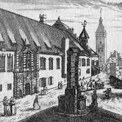 Nürnbergische Prospecte beÿ Peter Conrad Monath / Das Teutsche Haus mit der St. Jacober Kirch und Weissen Thurm